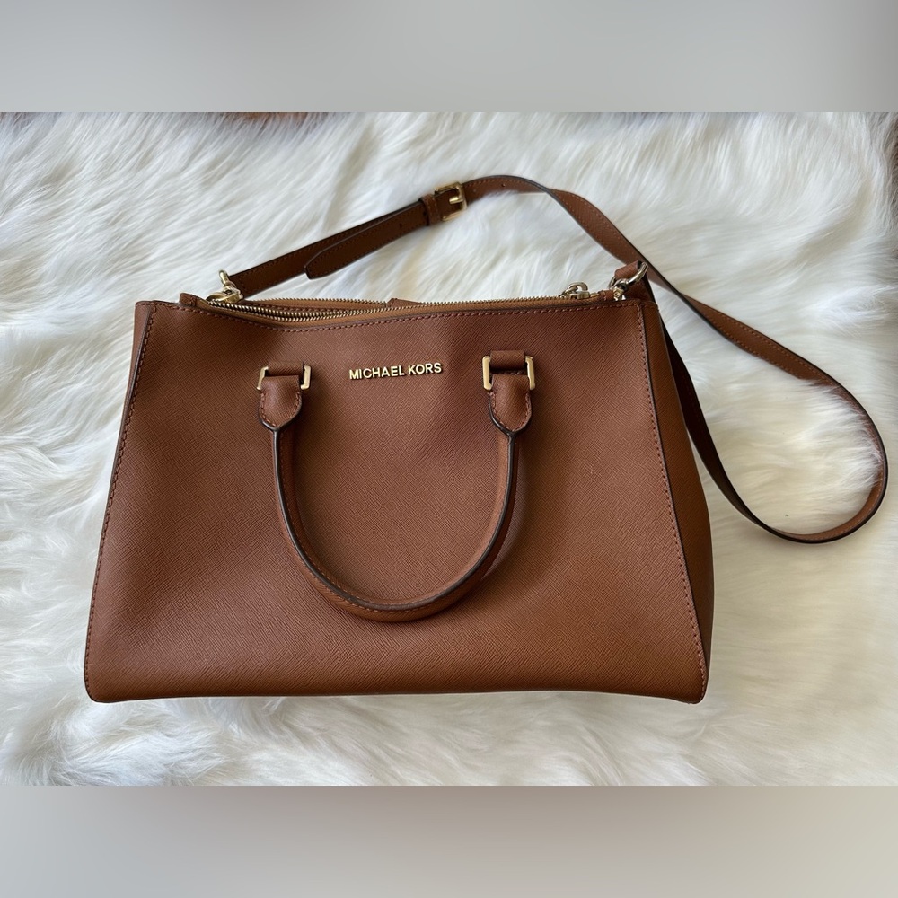 Michael Kors Sutton Shoulder Bag Saffiano Leather Satchel Purse Brown